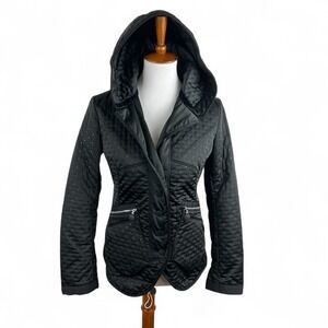 High Use Black Quilted Studded Hooded Jacket Leather Tie Back Size 6